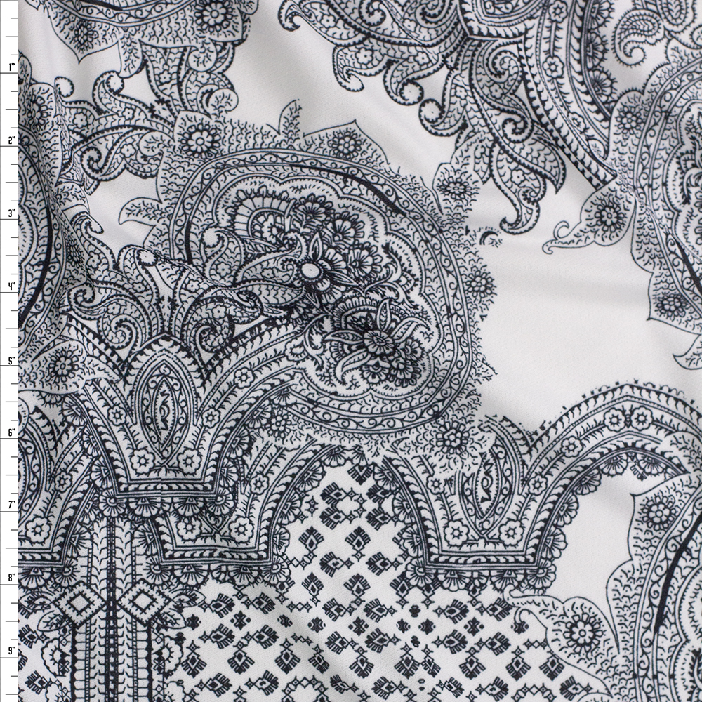 Navy Ornate Floral on White Lightweight Stretch Crepe Knit Fabric By The Yard