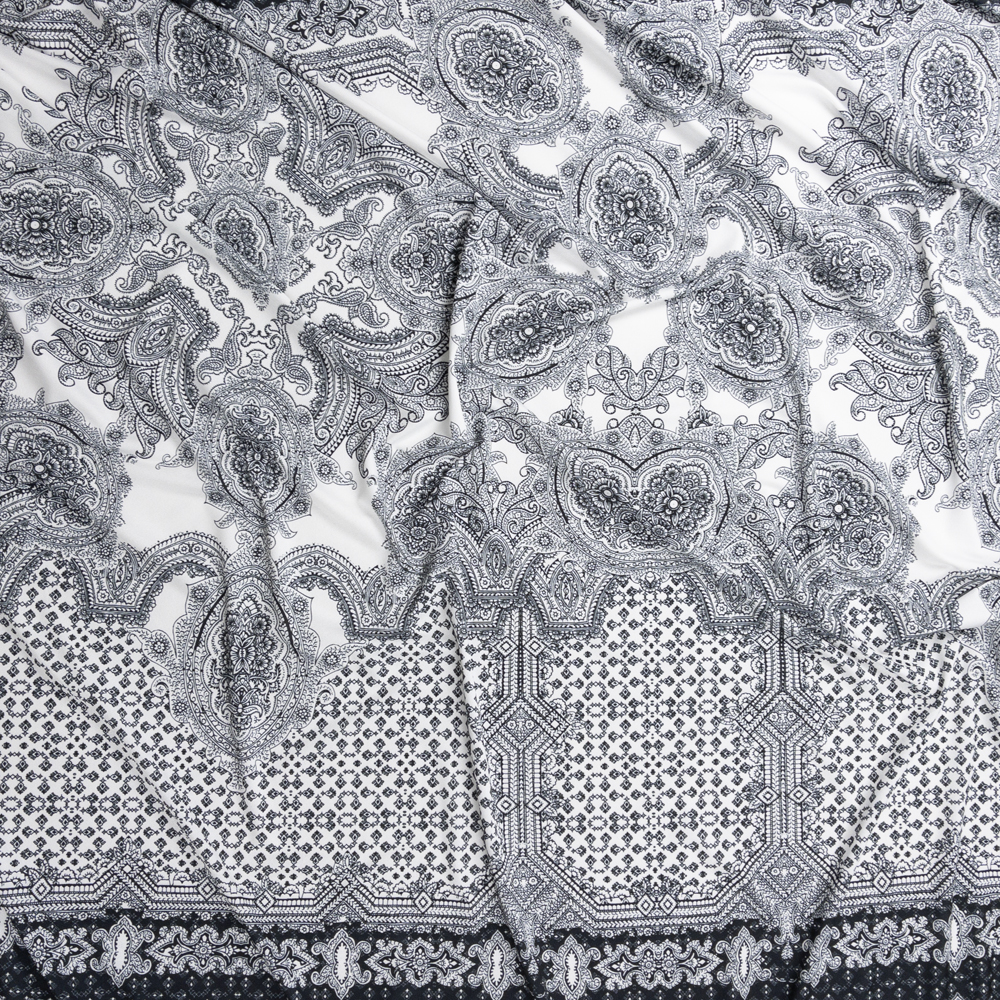 Navy Ornate Floral on White Lightweight Stretch Crepe Knit