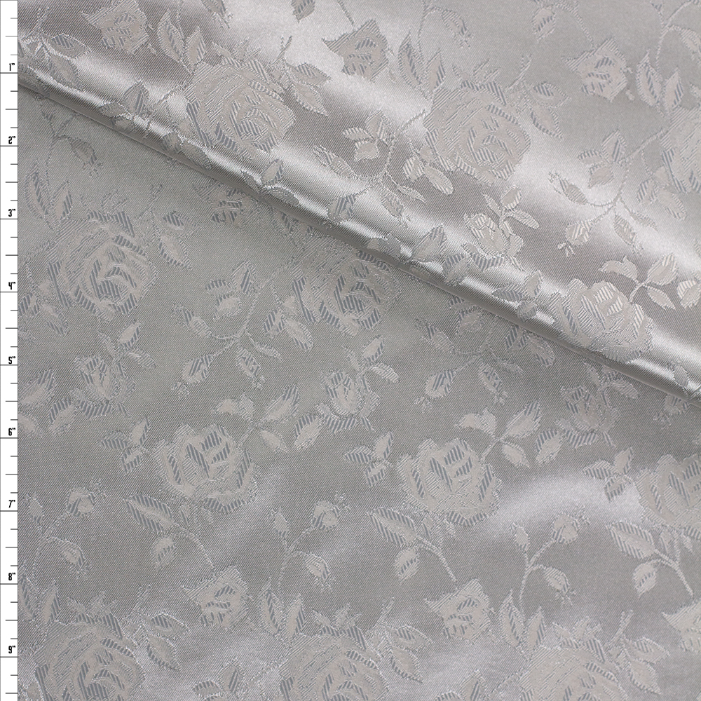 Silver Satin Floral Jacquard Fabric By The Yard