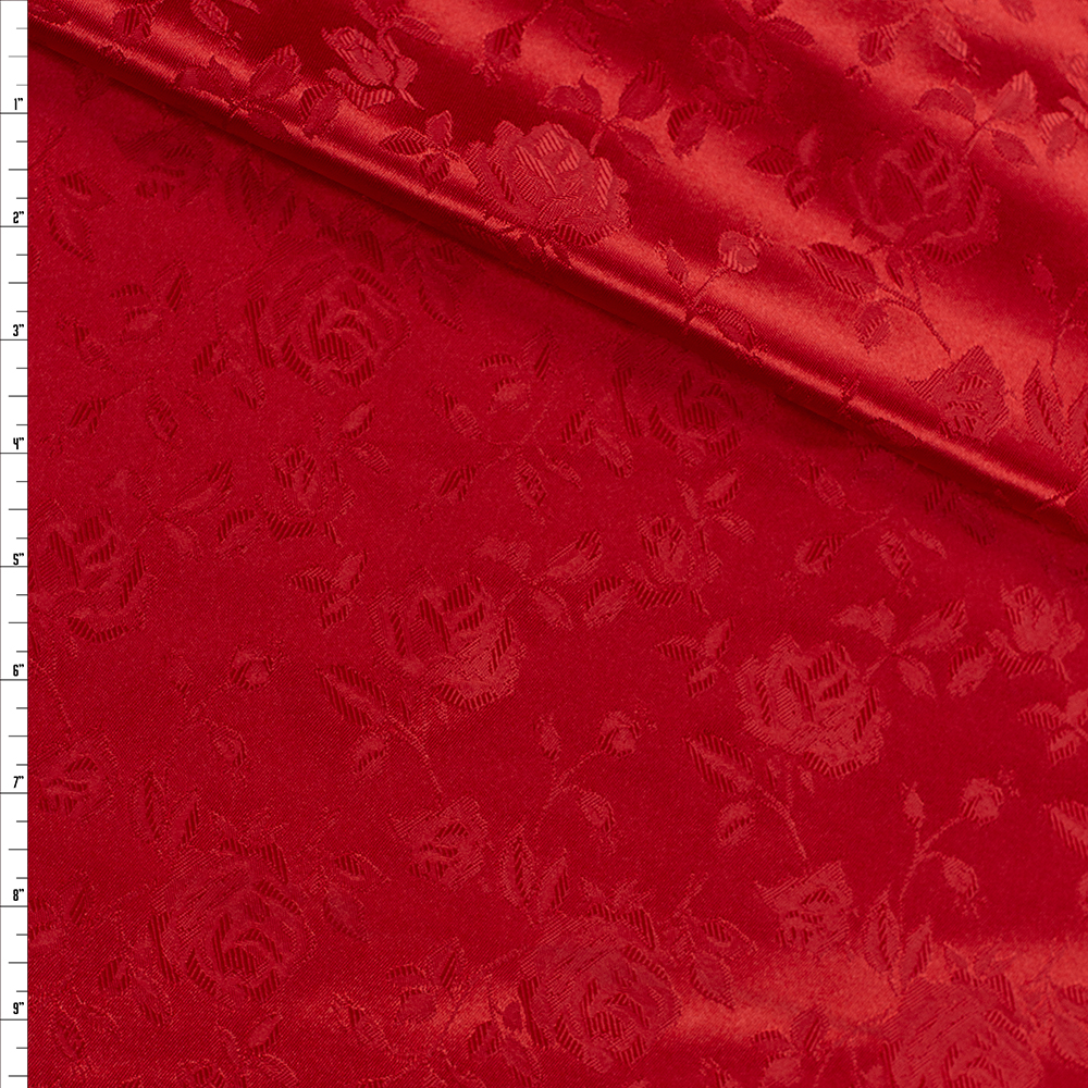 Red Satin Floral Jacquard Fabric By The Yard