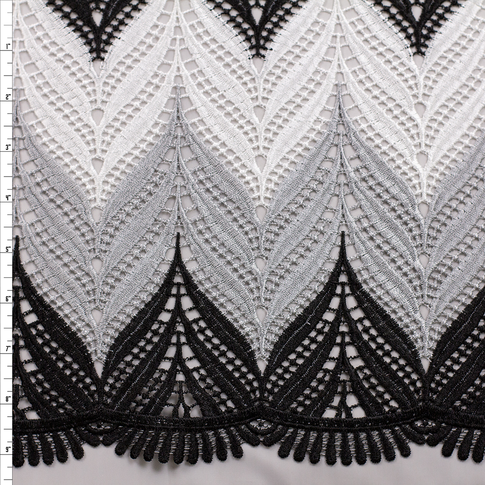 Black, Grey, and White Leaf Double Scalloped Lace Fabric By The Yard