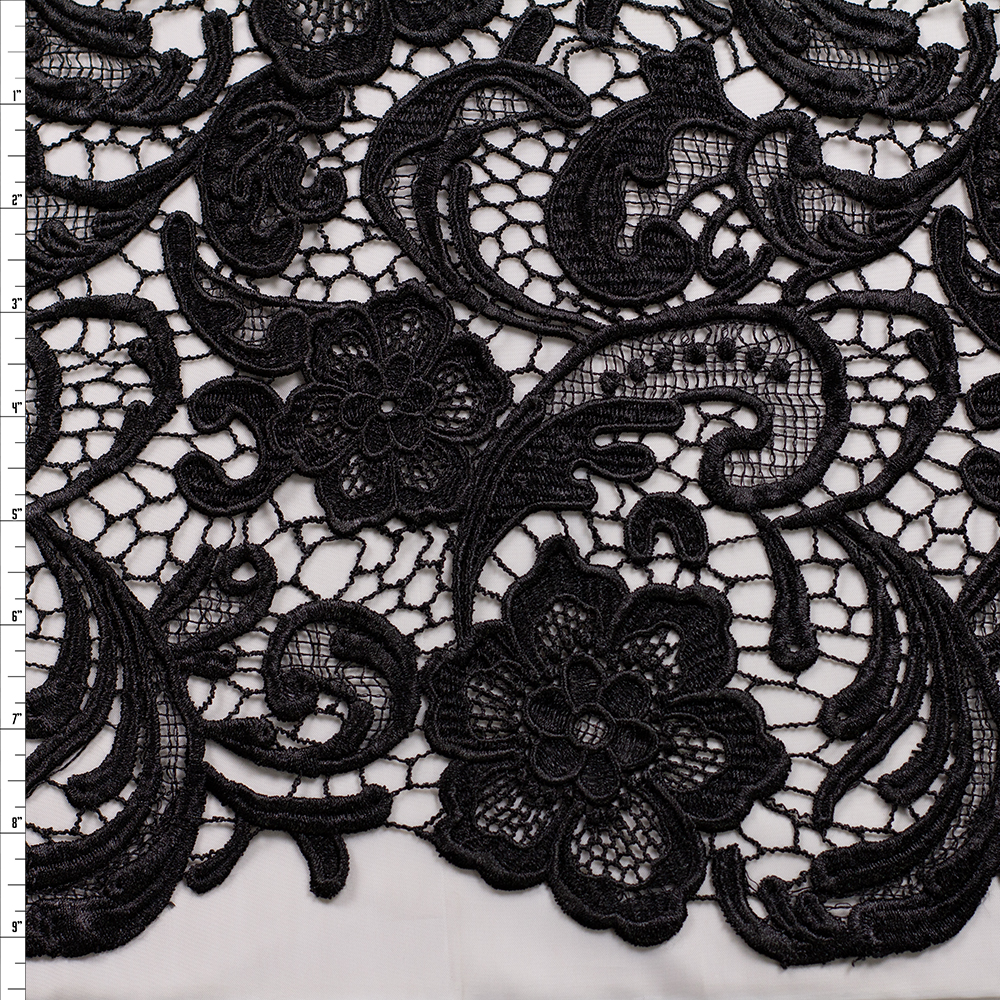 Black Paisley Floral Deluxe Chemical Lace Fabric By The Yard
