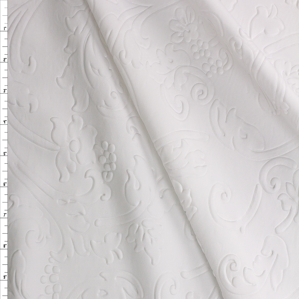White Embossed Floral Scuba Knit Fabric By The Yard