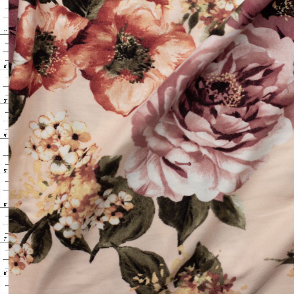 Mixed Floral on Blush Double Brushed Poly/Spandex Fabric By The Yard