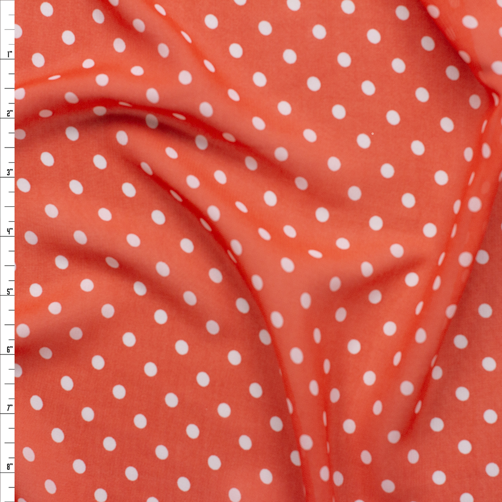 White on Red Polka Dot Poly Chiffon #26273 Fabric By The Yard