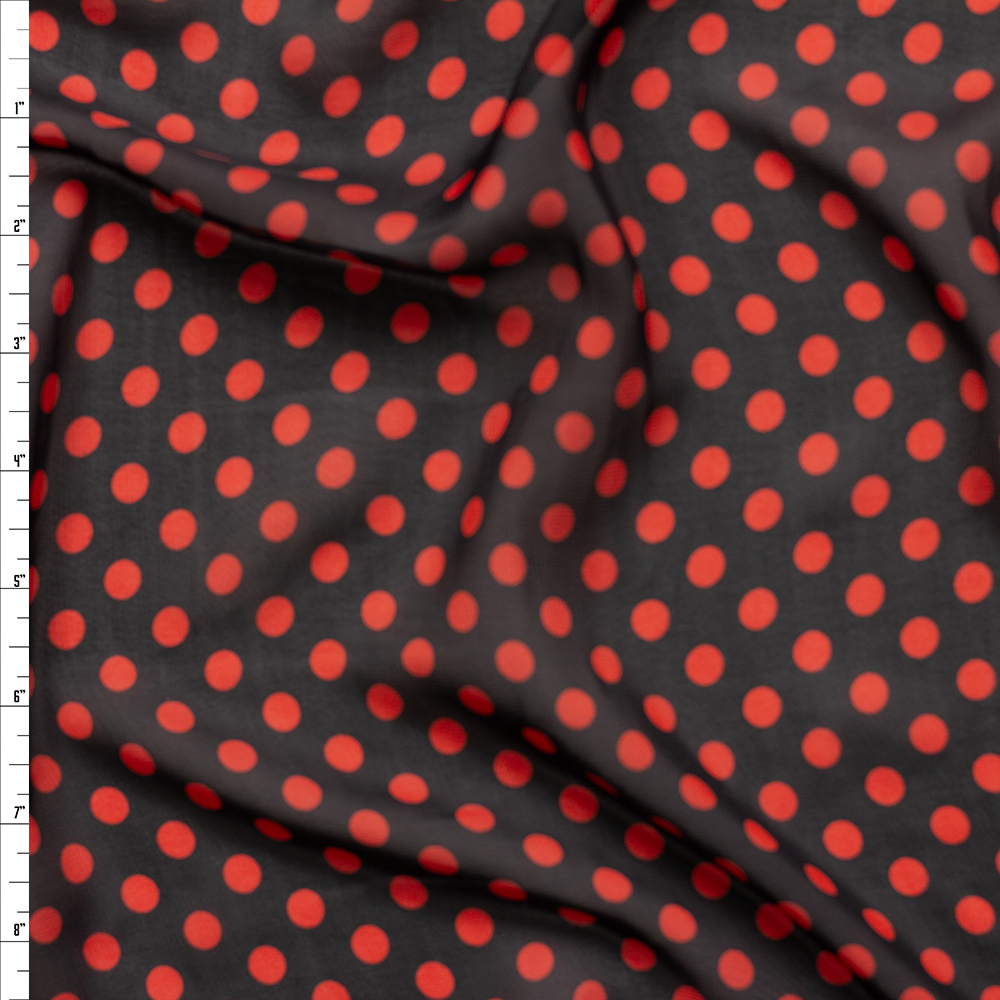 Red on Black Polka Dot Poly Chiffon #26274 Fabric By The Yard