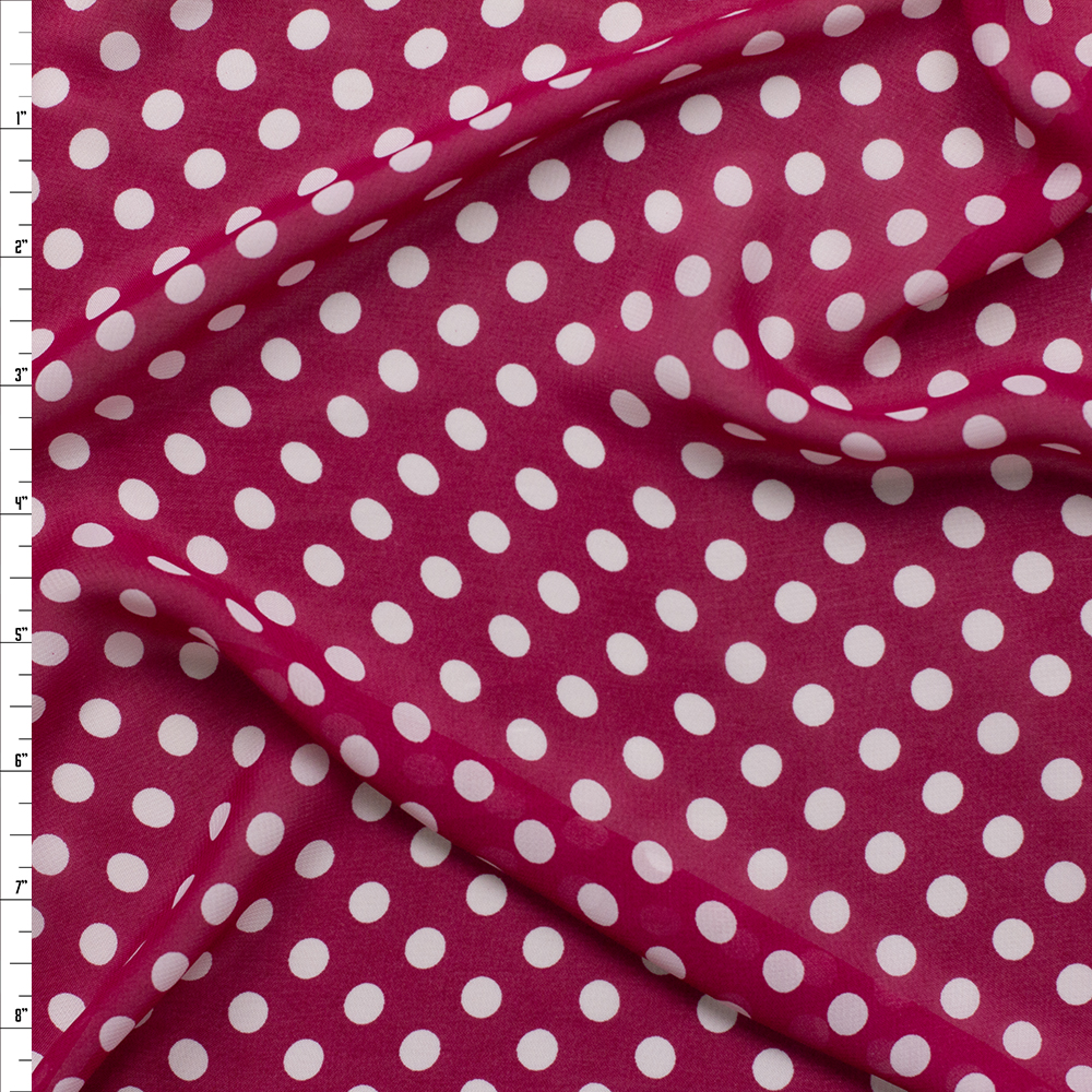 White on Fuschia Polka Dots Poly Chiffon #26276 Fabric By The Yard