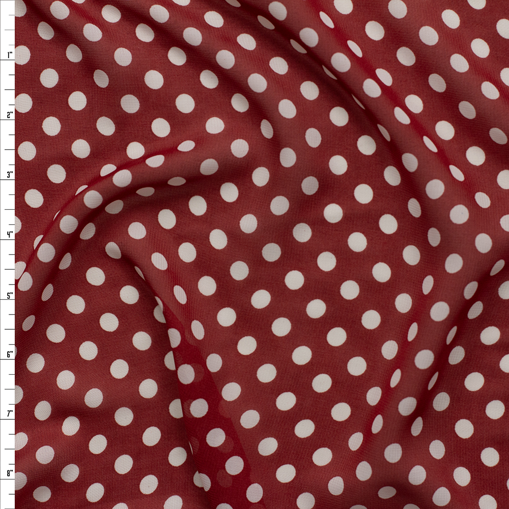 White on Burgundy Polka Dots Poly Chiffon #26278 Fabric By The Yard