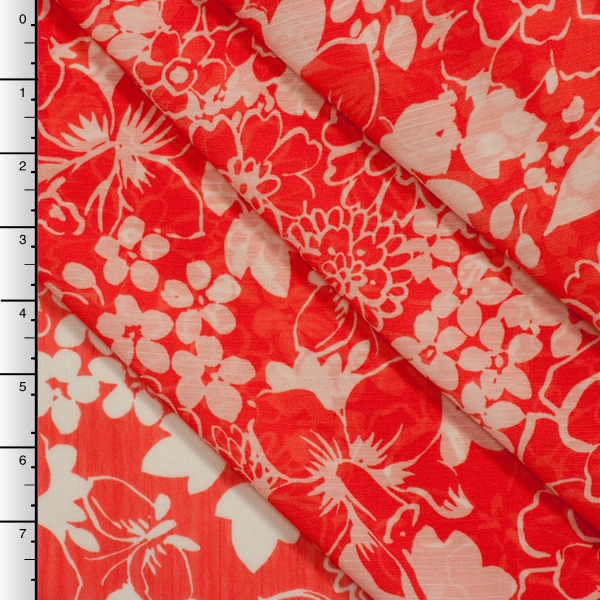 Retro Floral Print on Orange Crinkle Chiffon