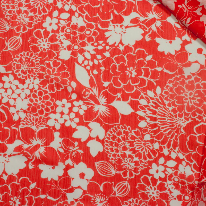 Retro Floral Print on Orange Crinkle Chiffon - Wide shot to show print