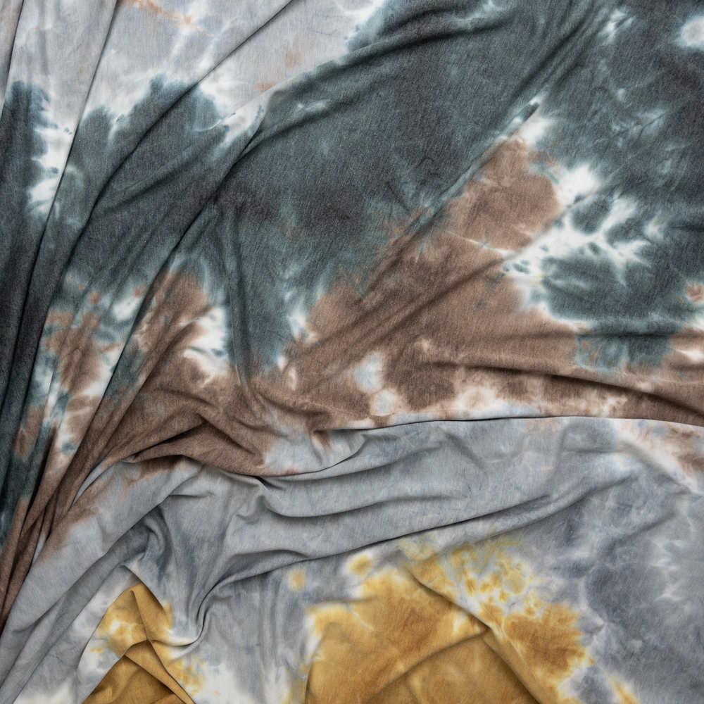 Tan, Yellow, Teal, and Grey Tie Dye Soft French Terry #26344 Fabric By The Yard - Wide shot