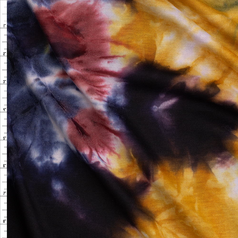 Red, Mustard, Midnight, and White Tie Dye Soft French Terry #26345 Fabric By The Yard
