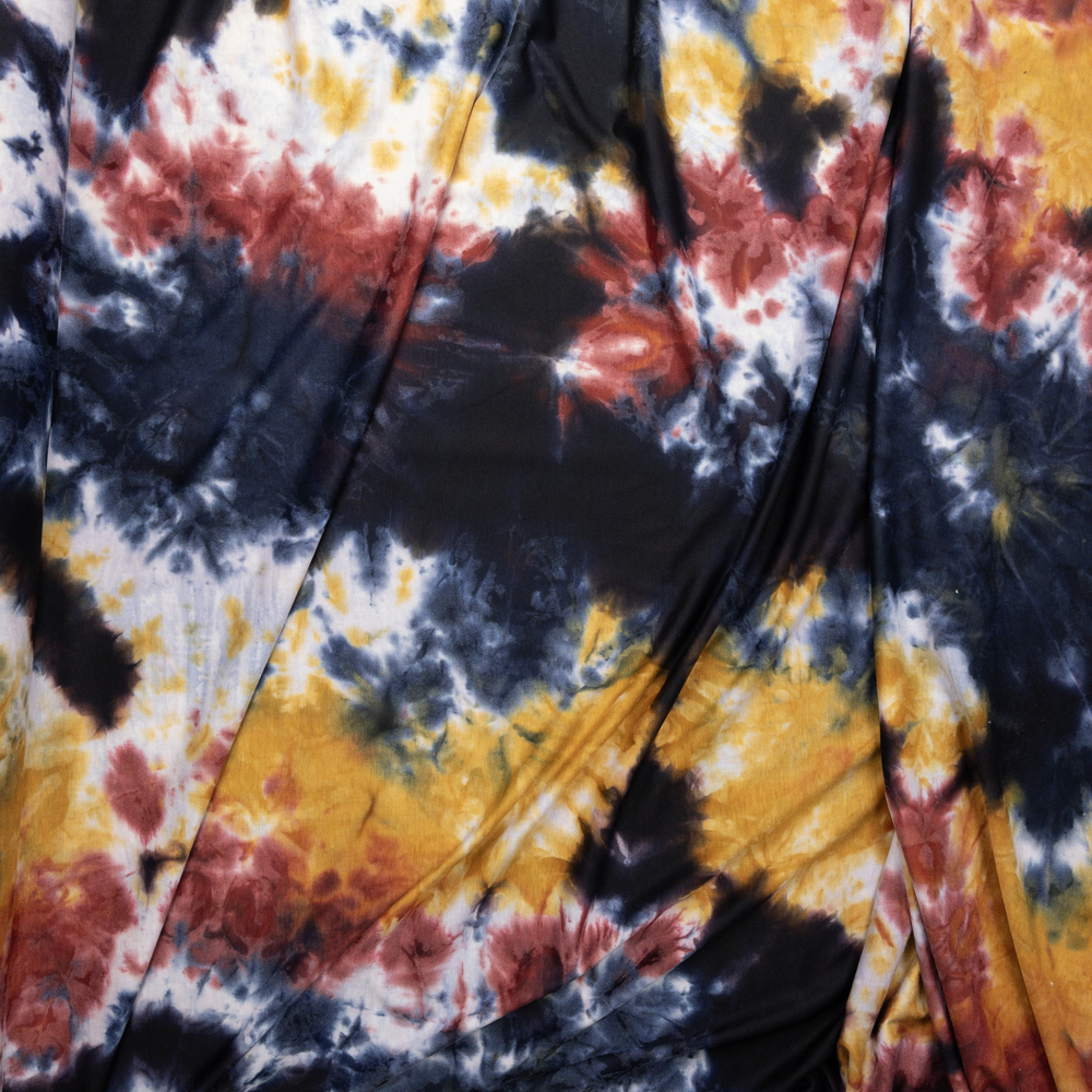Red, Mustard, Midnight, and White Tie Dye Soft French Terry #26345 Fabric By The Yard - Wide shot