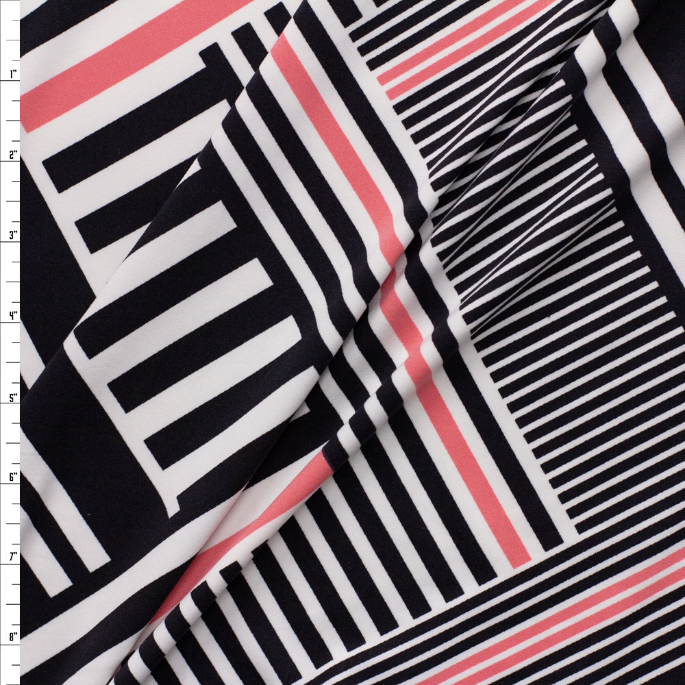 Black, White, and Coral Crisscross Geo Double Brushed Poly/Spandex Knit Fabric By The Yard