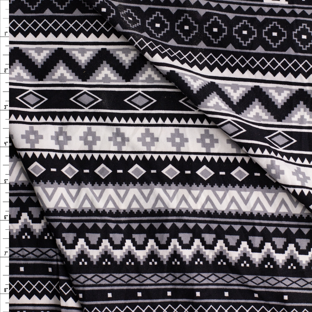 Grey, Black, and White Horizontal Winter Geo Stripe Double Brushed Poly/Spandex Knit Fabric By The Yard