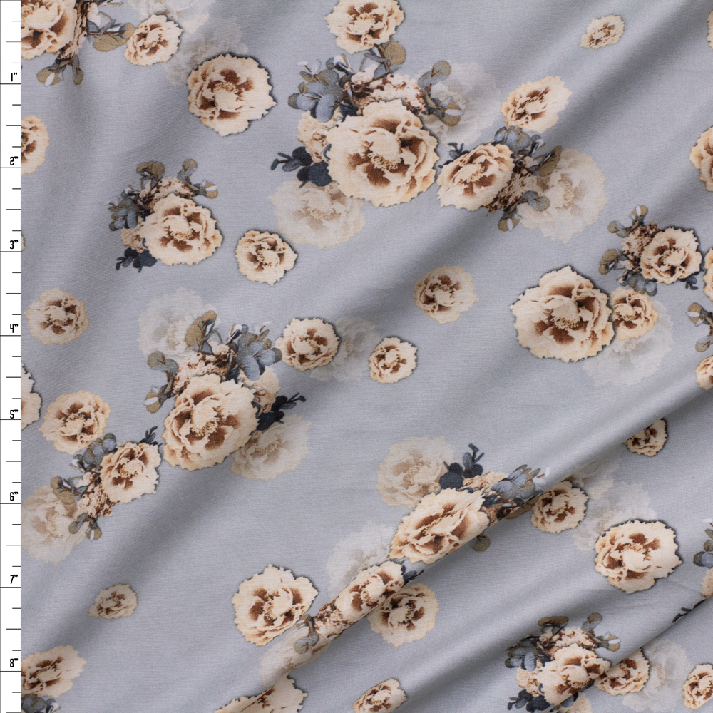 Ivory and Grey Antique Floral Double Brushed Poly/Spandex Knit Fabric By The Yard