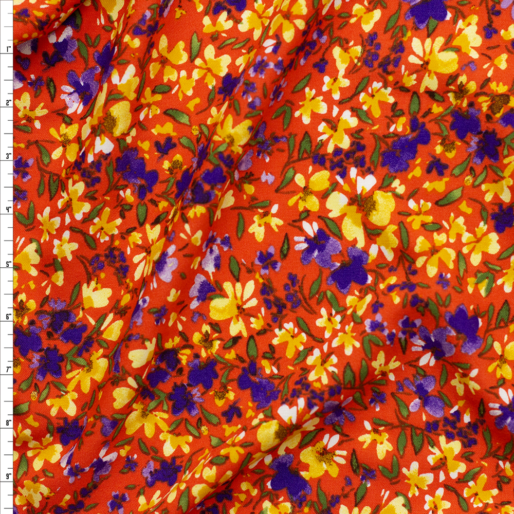 Yellow and Purple Flora on Orange Rayon Challis Fabric By The Yard