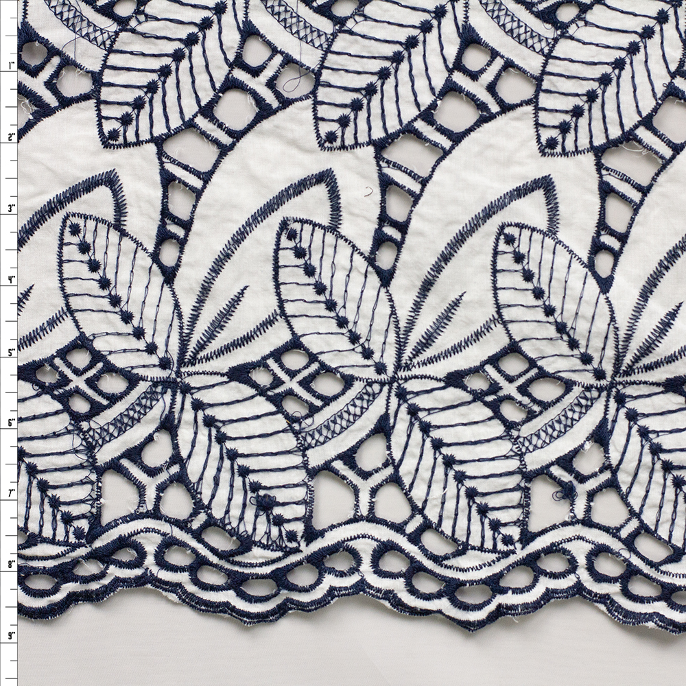 White on Yellow Leaf Eyelet Embroidered Border Cotton Lawn Fabric By The Yard
