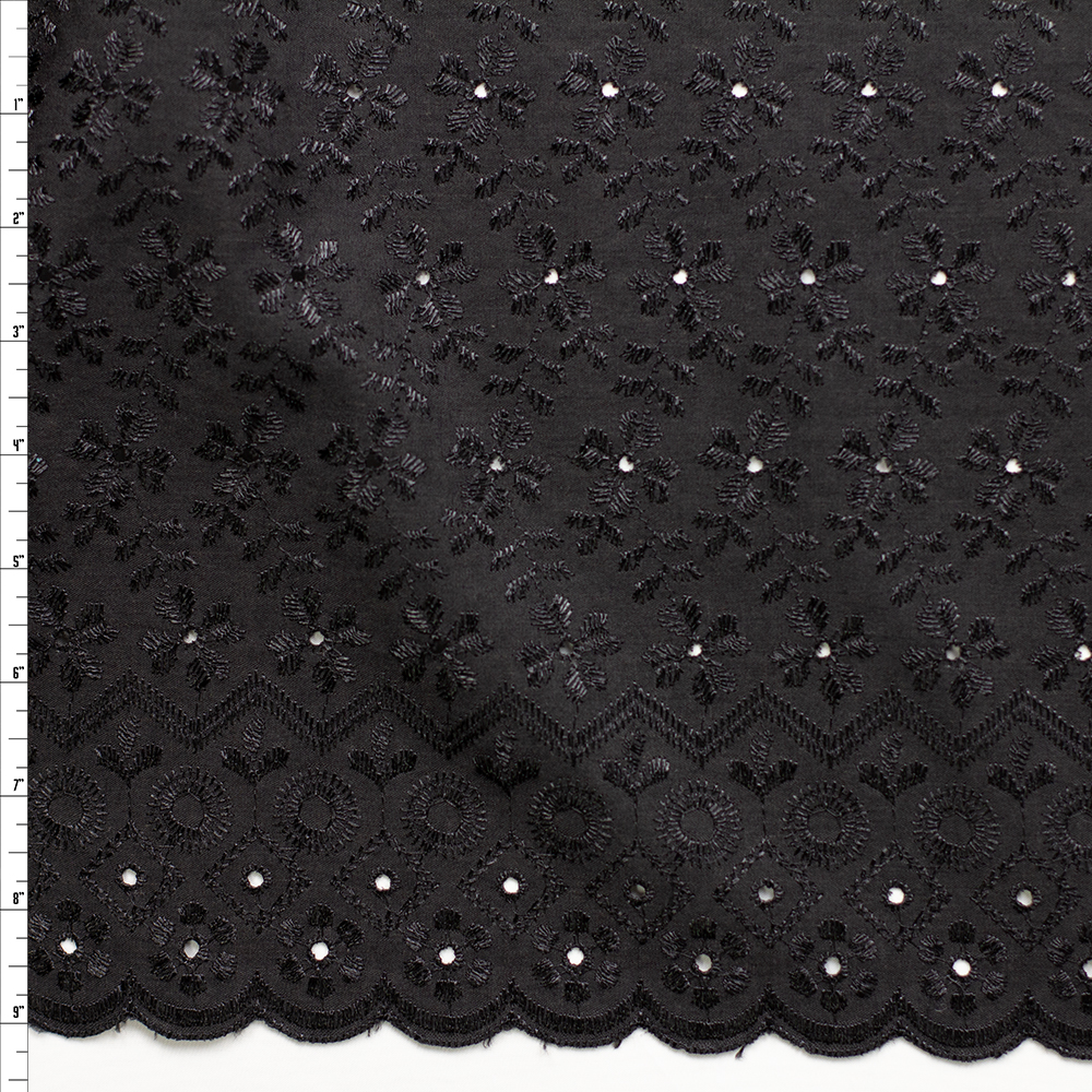 Black Floral With Scalloped Double Border Cotton Eyelet Fabric By The Yard