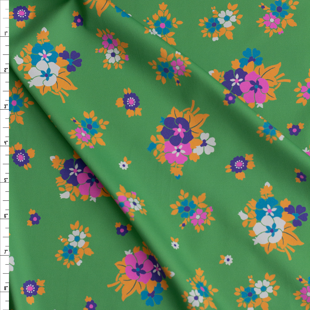 Neon Retro Floral on Green Nylon/Spandex Fabric By The Yard