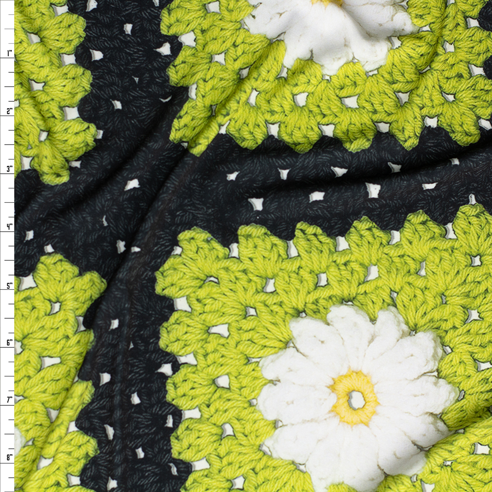 Lime and Black Crochet Blanket Print Nylon/Spandex #26498 Fabric By The Yard