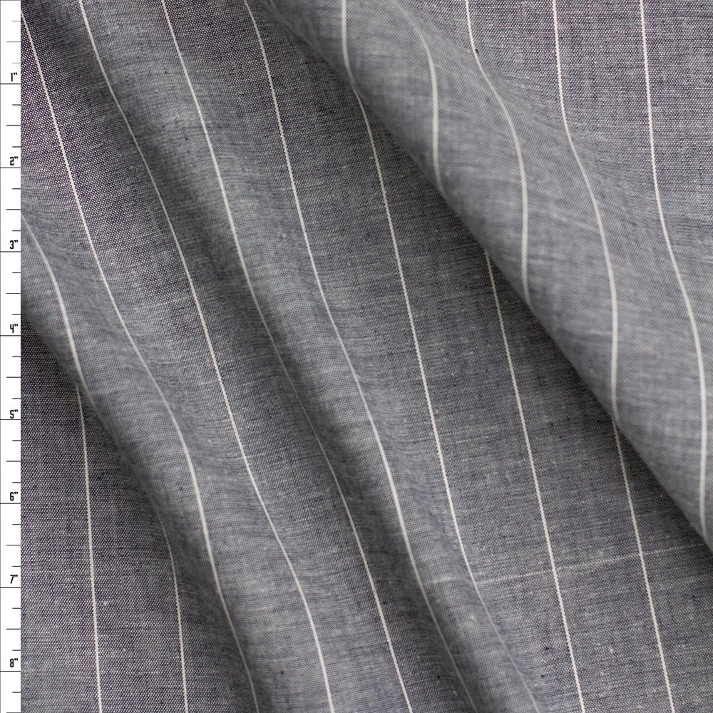 White on Charcoal Vertical Pinstripe Cotton/Linen Chambray #26501 Fabric By The Yard