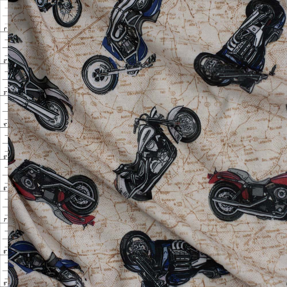 Motorcycles and Maps Spun Poly Jersey Knit Fabric By The Yard