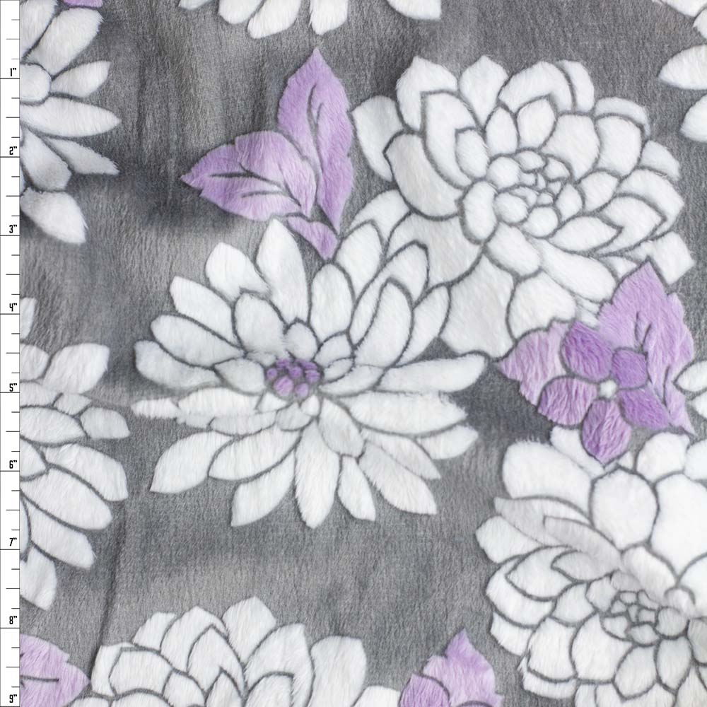 White and Lavender Mums on Grey Embossed Cuddle Fabric By The Yard