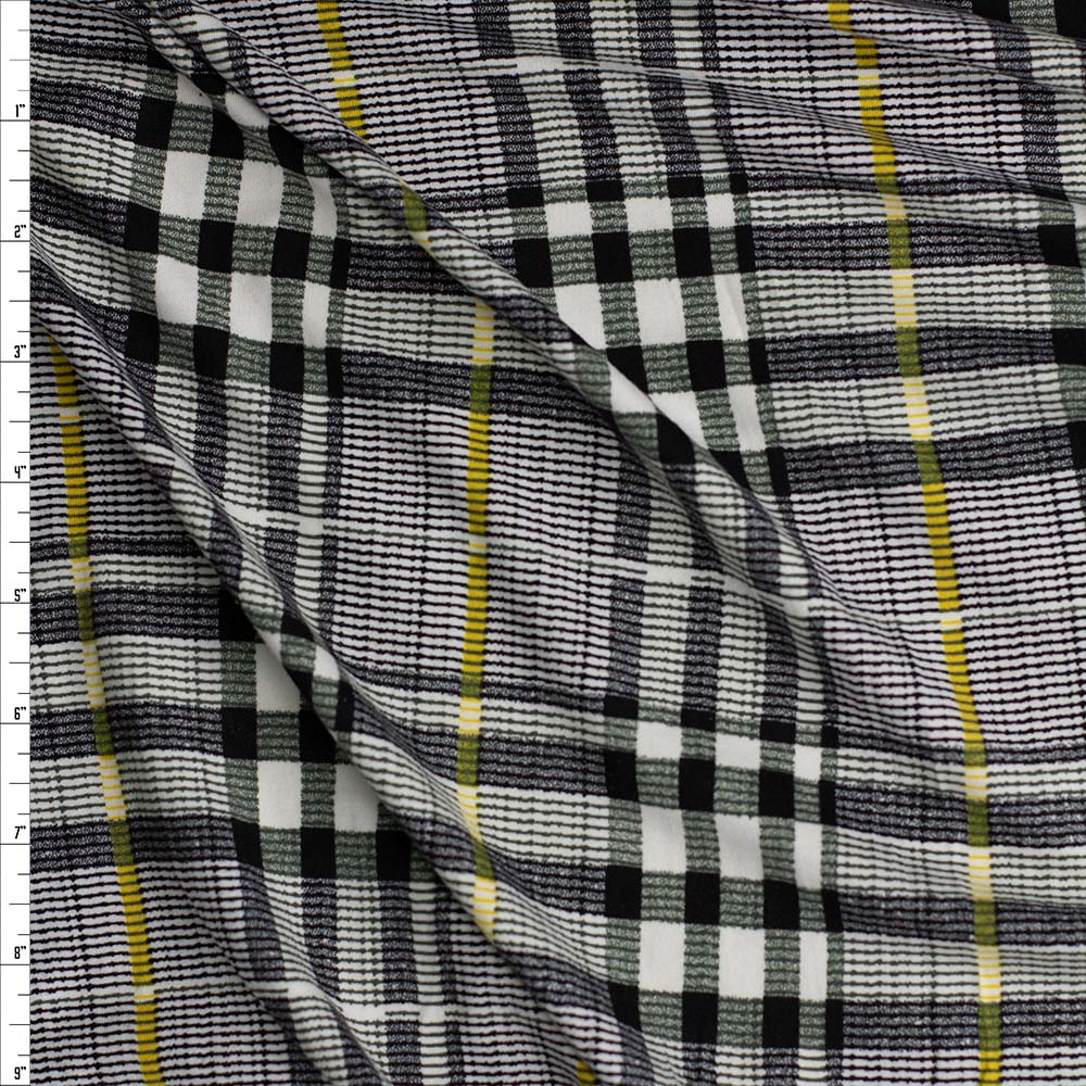 Black, White, and Yellow Plaid Double Brushed Poly/Spandex Fabric By The Yard