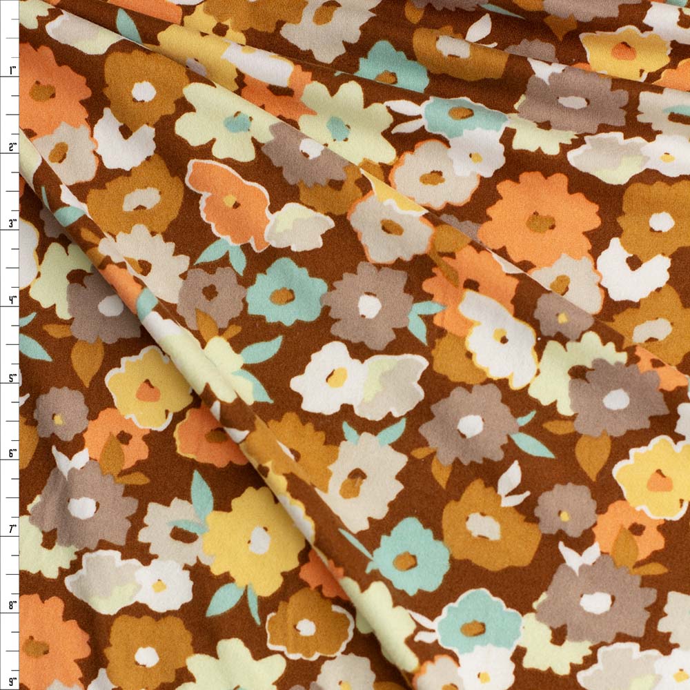 Paint Blot Floral on Brown Double Brushed Poly/Spandex Fabric By The Yard