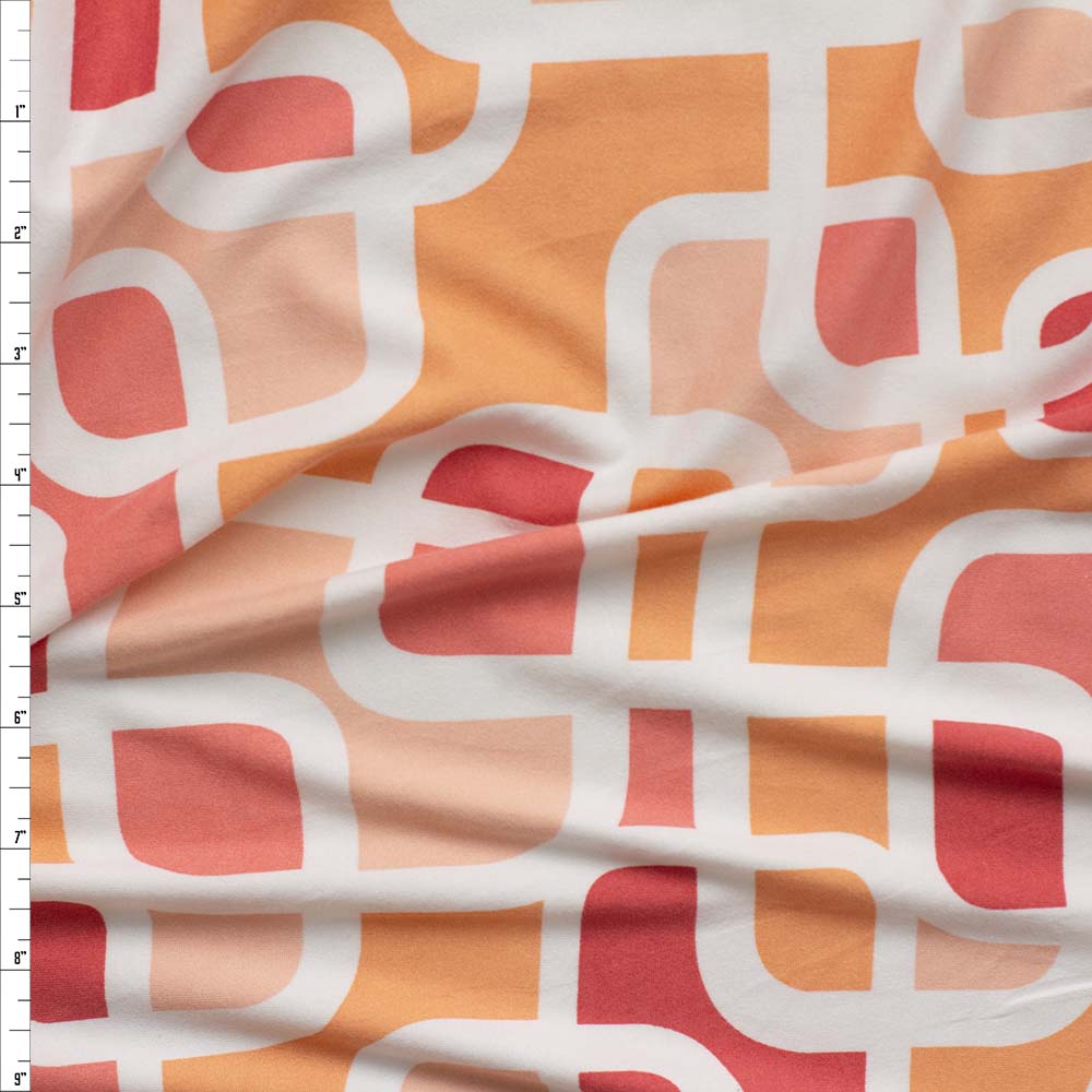 Red and Coral Retro Overlapping Tiles Double Brushed Poly/Spandex Fabric By The Yard