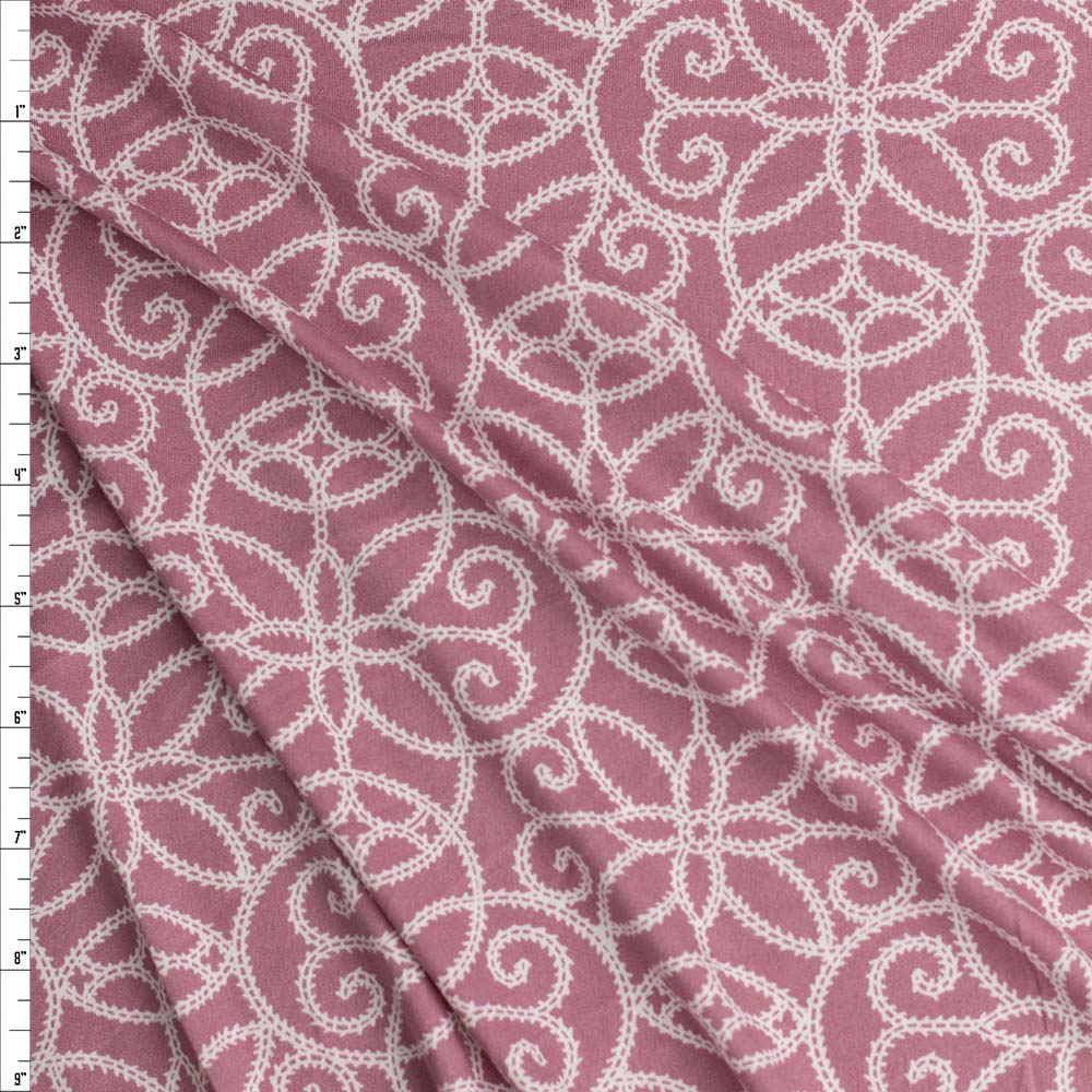 White and Dusty Pink Scrollwork Double Brushed Poly/Spandex Fabric By The Yard