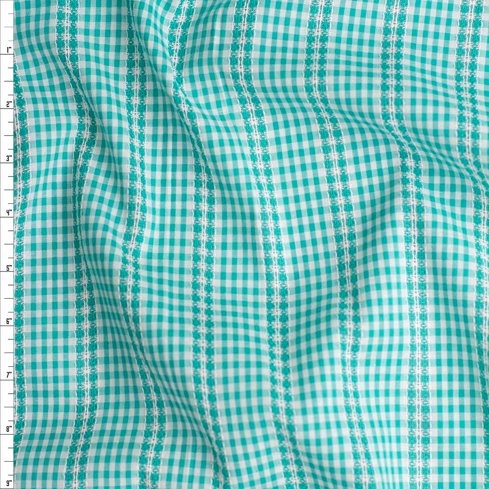 White and Mint Gingham Sheer Stitch Stripe Cotton Fabric By The Yard