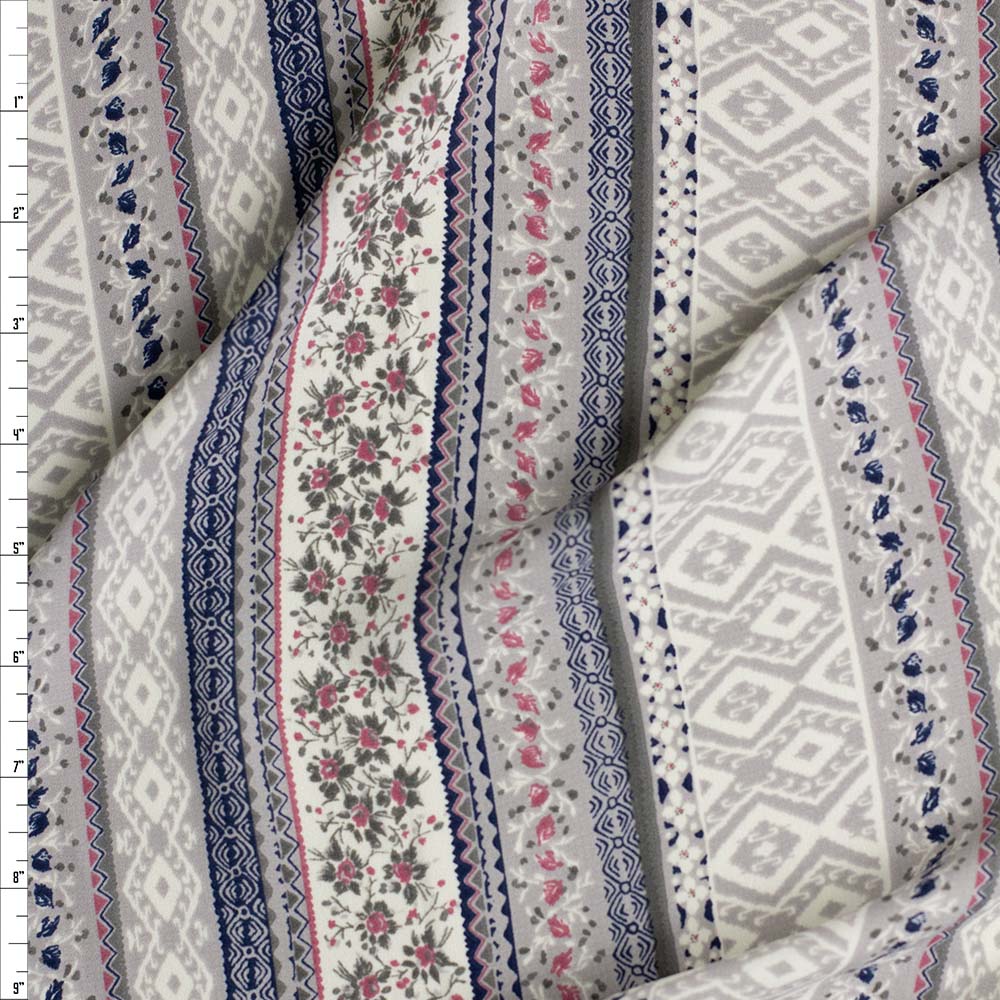 Light Grey, Pink, and Navy Vertical Boho Stripe Poly Crepe De Chine Fabric By The Yard