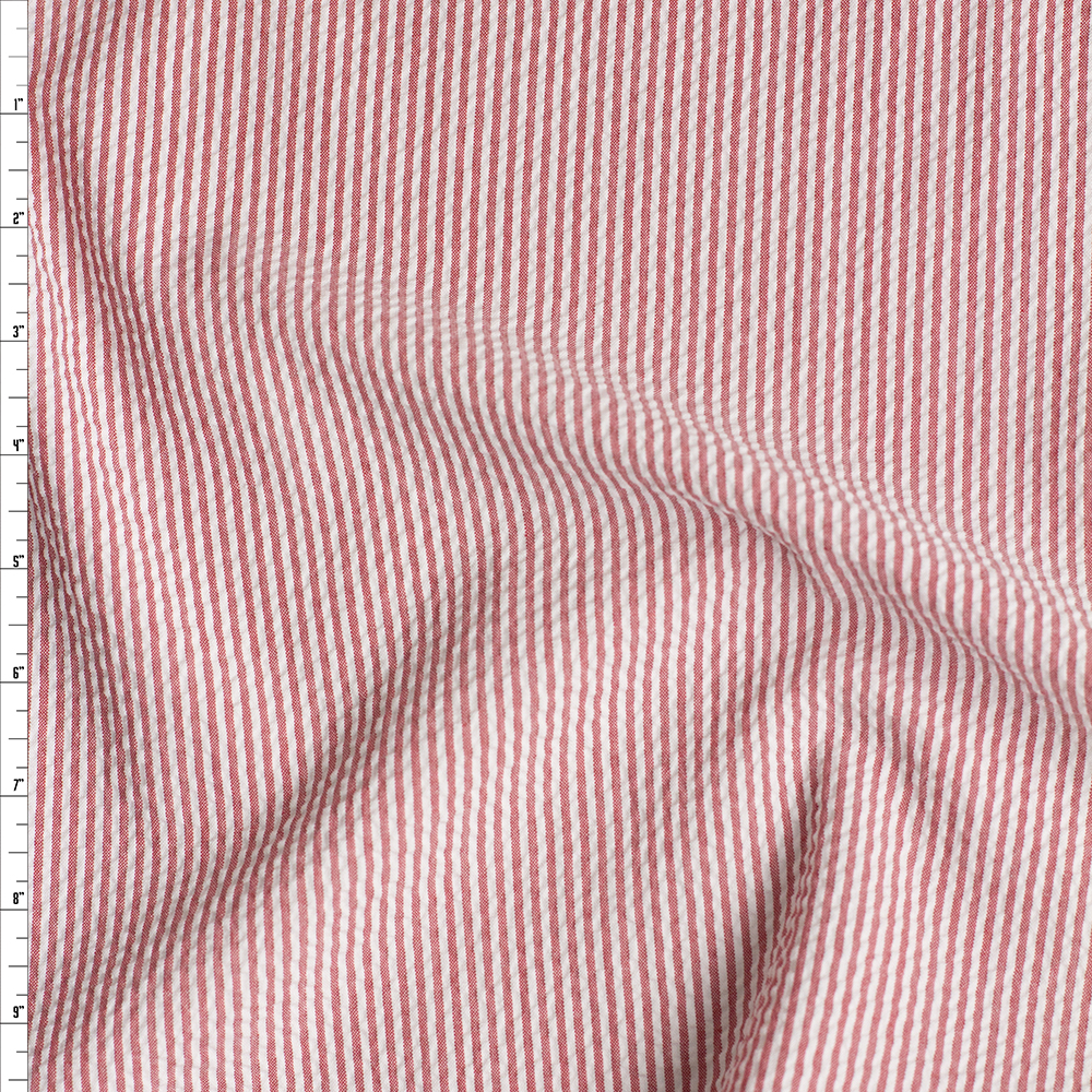 Red and White Vertical Stripe Seersucker Fabric By The Yard