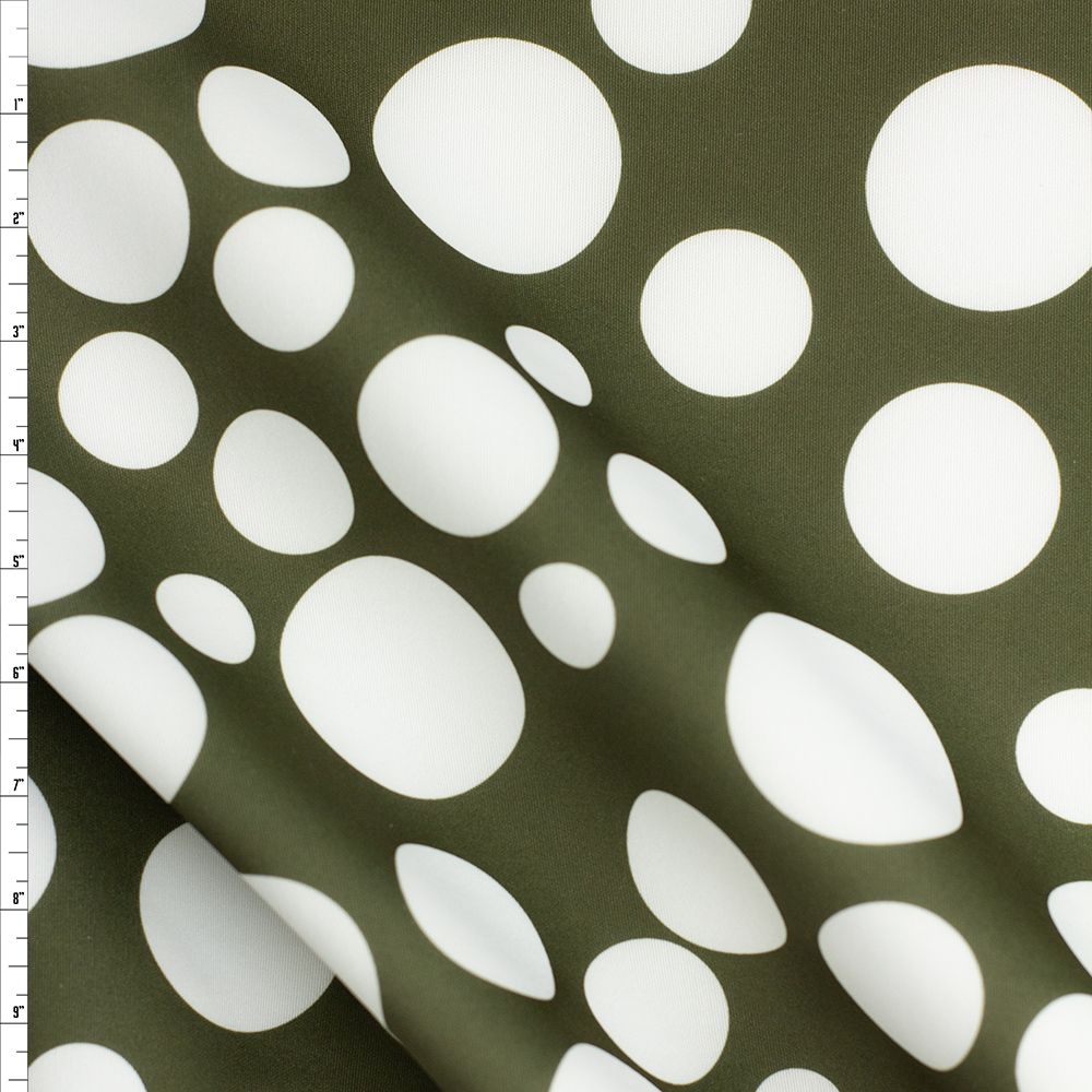 White Mixed Dots on Olive Double Scuba Knit Fabric By The Yard