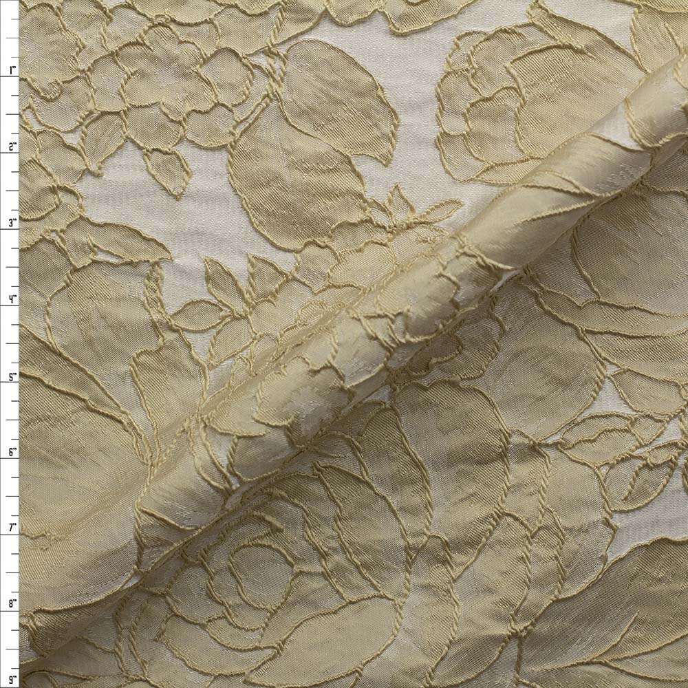 Gold and Ivory Textured Rose Floral Designer Brocade Fabric By The Yard