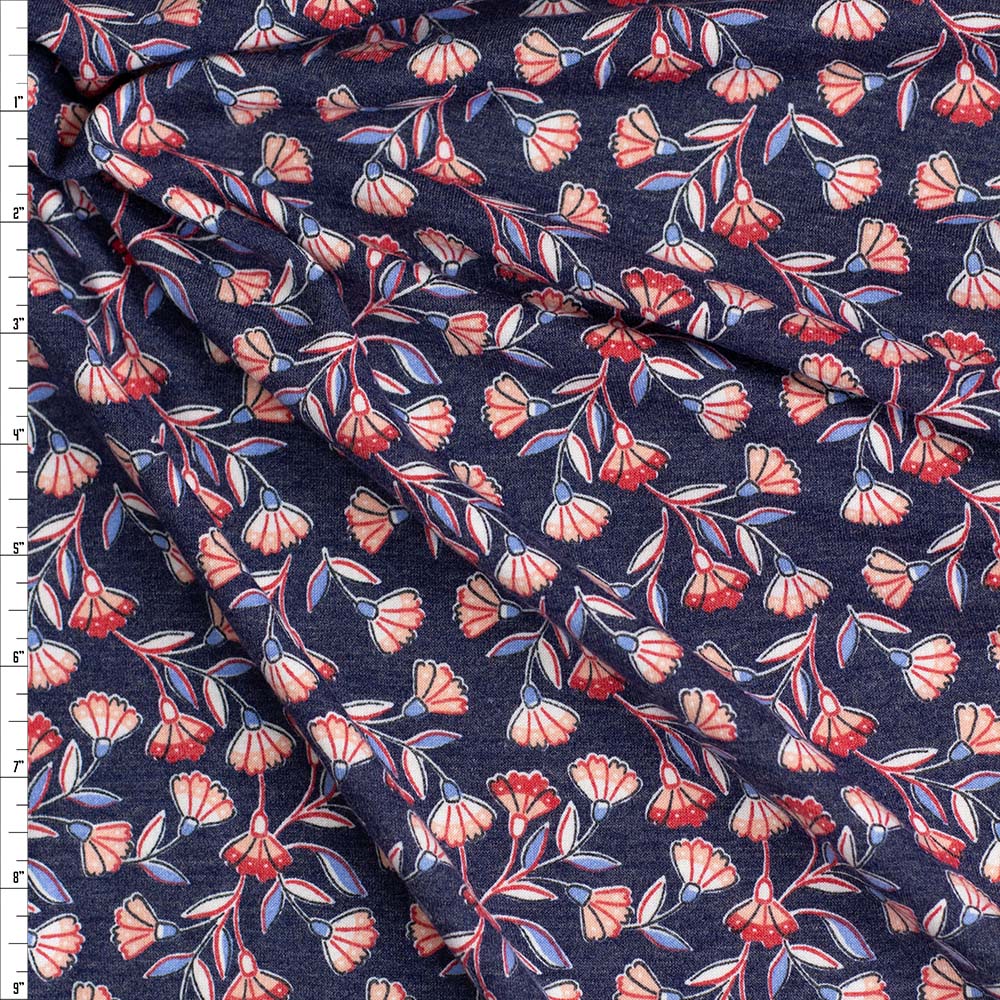 Pink and Red Floral on Heather Navy Rayon French Terry Fabric By The Yard