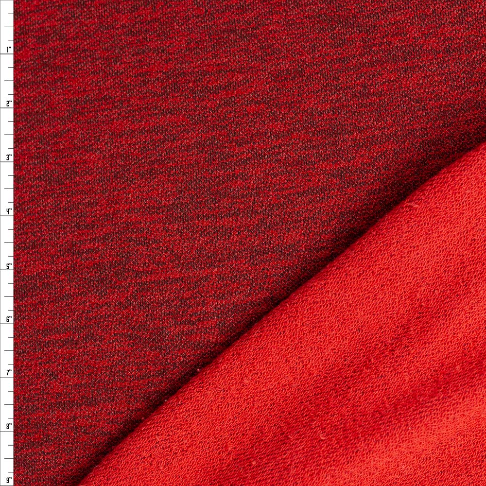 Red and Black Heather Cotton French Terry Fabric By The Yard