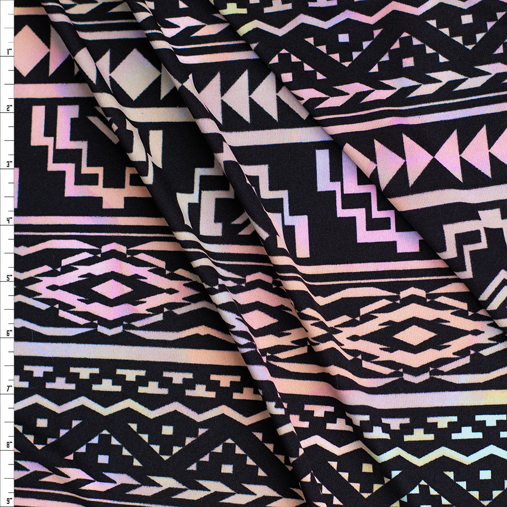 Pastel Rainbow and Black Horizontal Tribal Stretch Poly Knit Fabric By The Yard
