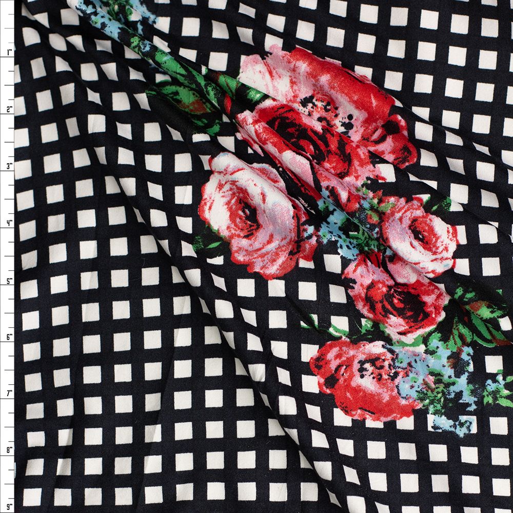 Hot Pink Rose Floral on Black and White Grid Double Brushed Poly Fabric By The Yard