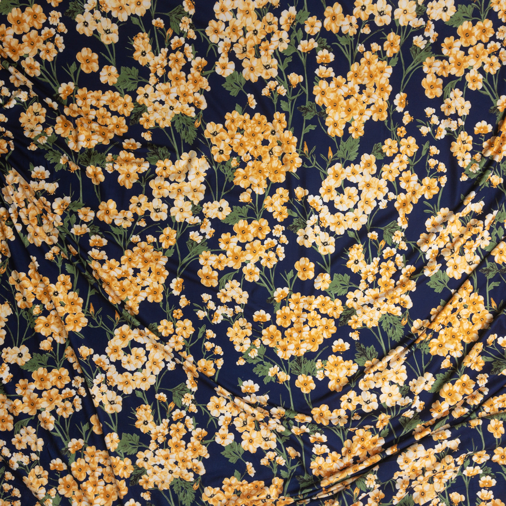 Yellow Floral on Navy Blue Double Brushed Poly Fabric By The Yard - Wide shot