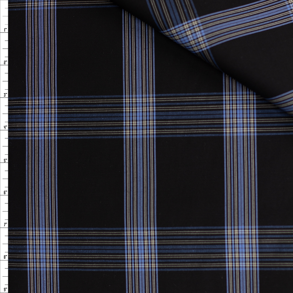 Black, Sky Blue, and White Plaid Fine Light Midweight Poplin Fabric By The Yard