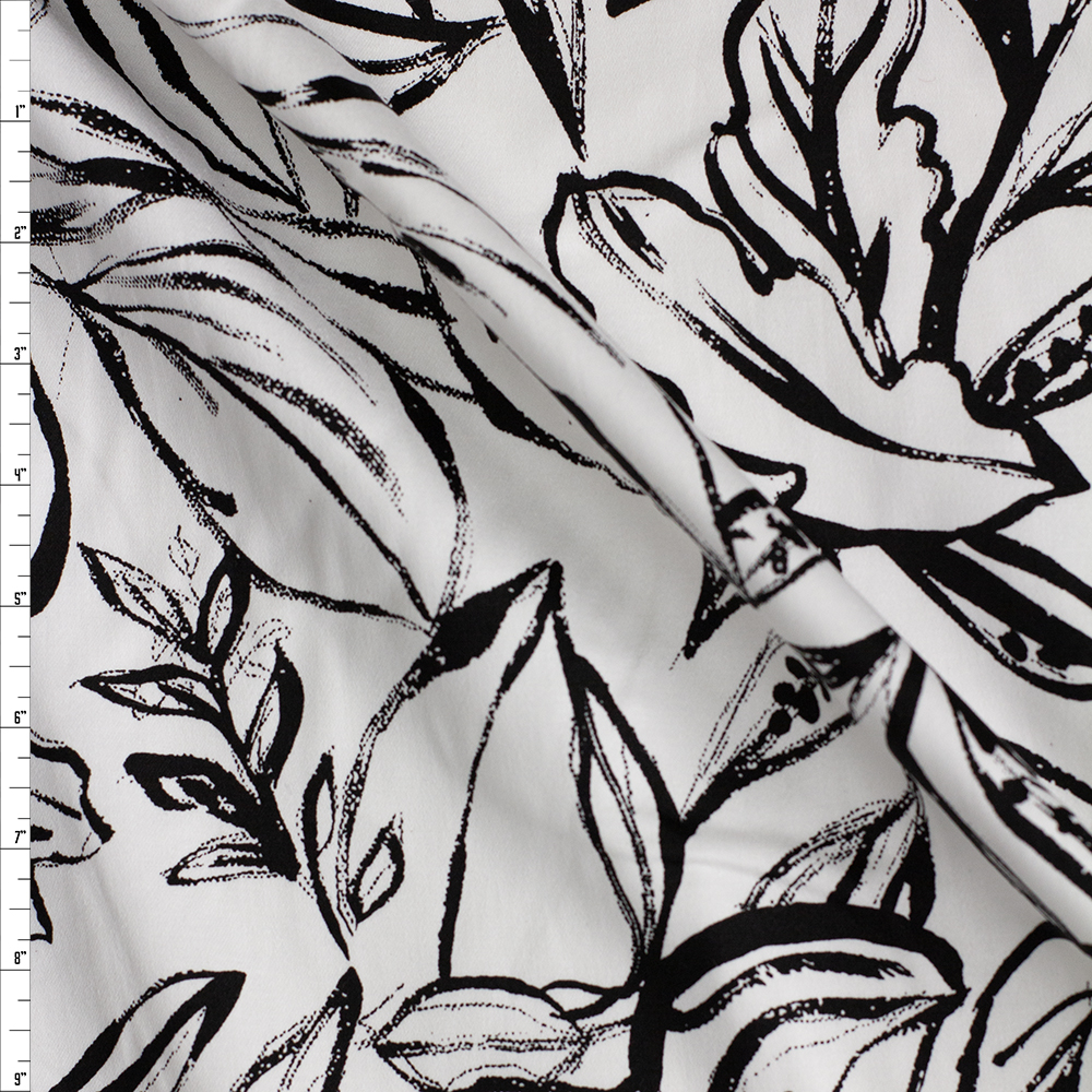Black on White Leaf Print Stretch Cotton Twill from Telio Fabric By The Yard