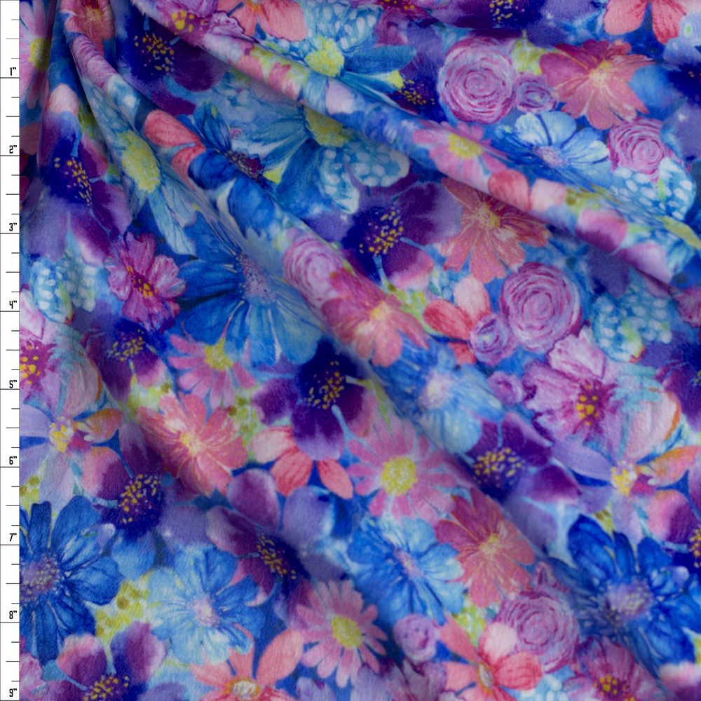 Multi Blues, Purples, and Pinks Garden Floral Cuddle Fabric By The Yard