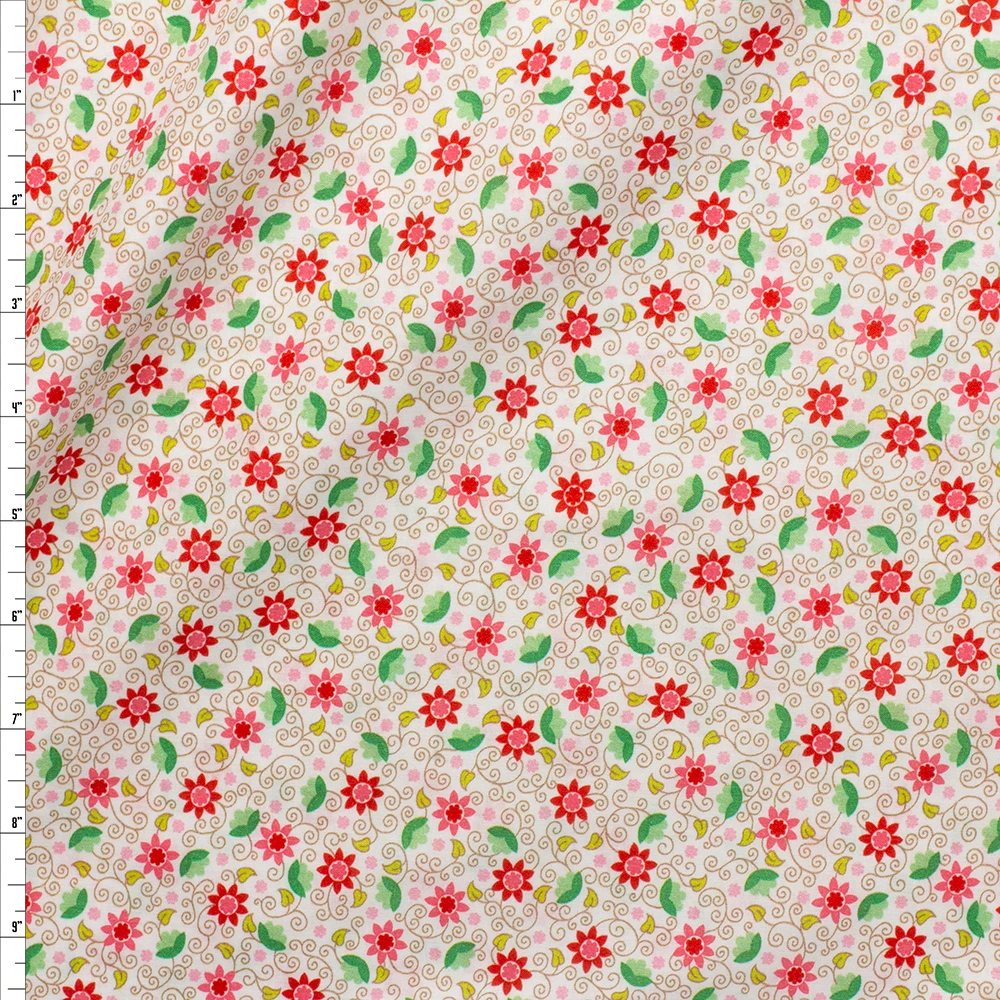Hot Pink, Green, and Tan Mini Scrolling Floral London Calling Cotton Lawn from Robert Kaufman #26931 Fabric By The Yard