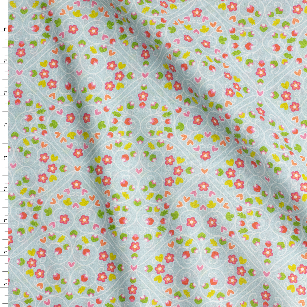 Pink and Green Floral Scrollwork on Light Blue London Calling Cotton Lawn from Robert Kaufman #26950 Fabric By The Yard