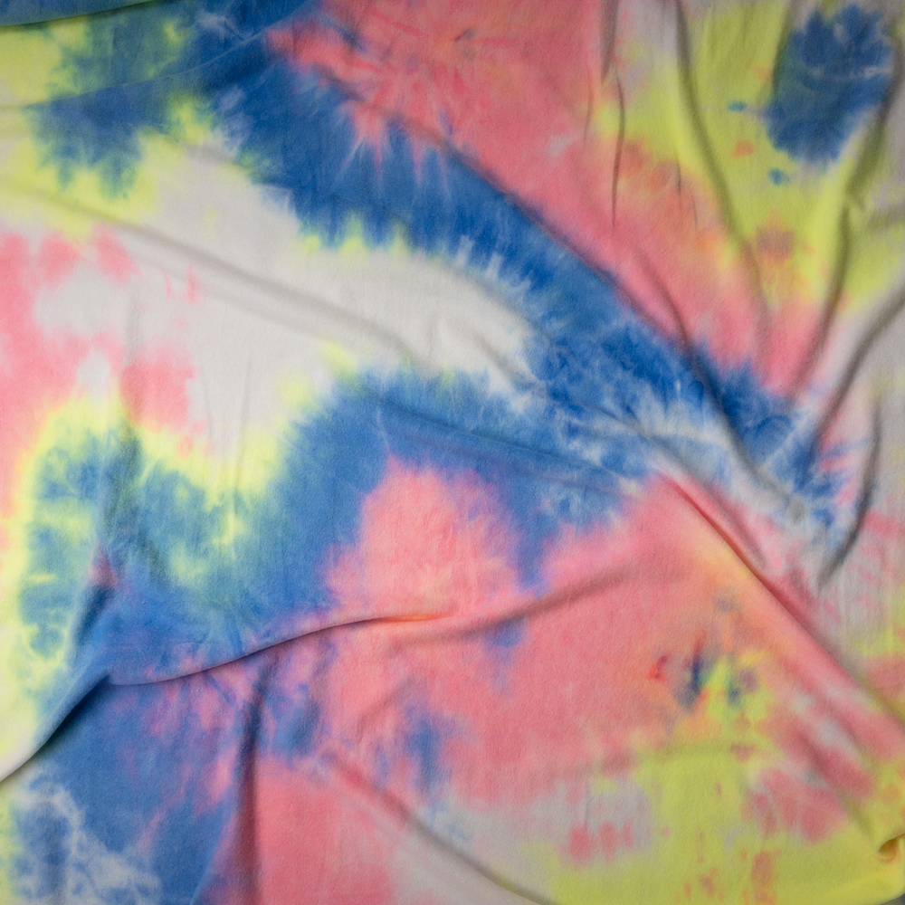 Pink, Yellow, and Blue Tie Dye Stretch Brushed Sweater Knit #26966 Fabric By The Yard - Wide shot