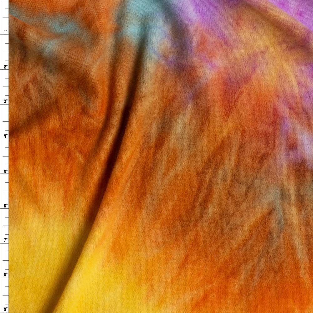 Purple, Orange, Yellow, and Blue Tie Dye Stretch Brushed Sweater Knit #26968 Fabric By The Yard