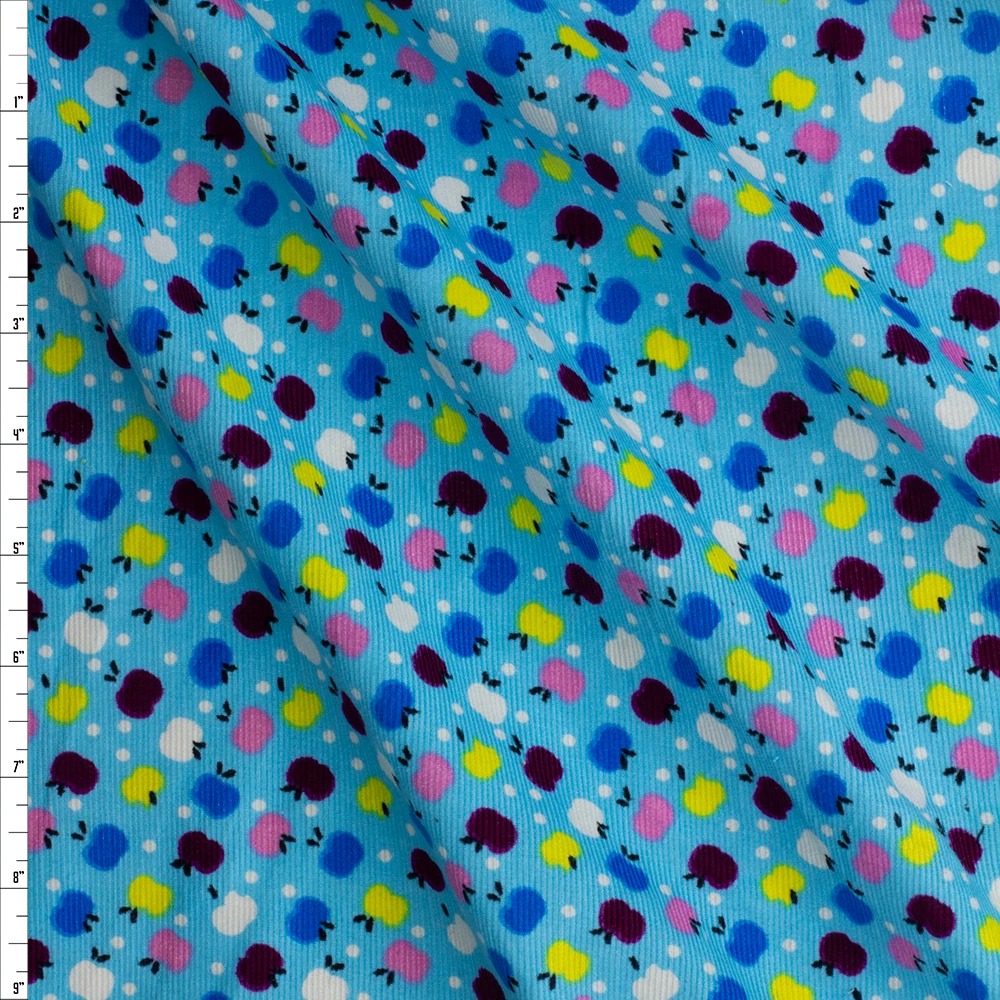 Bright Multi Apples on Aqua Baby Wale Corduroy #26998 Fabric By The Yard